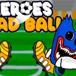 Un personaje vestido de blanco y un personaje azul con una cara sonriente y grandes ojos, ambos con zapatos de fútbol, sobre un fondo de campo de fútbol con el título Heroes Head Ball en la parte superior