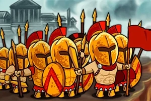 Guerreros espartanos caricaturizados portando escudos y lanzas, liderados por un portador de bandera roja, con un fondo de edificios antiguos