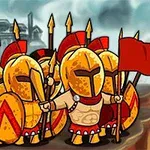 Guerreros espartanos caricaturizados portando escudos y lanzas, liderados por un portador de bandera roja, con un fondo de edificios antiguos