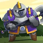 Guerrero medieval con armadura plateada y púrpura sosteniendo un hacha grande frente a un paisaje con vegetación y una torre en el fondo