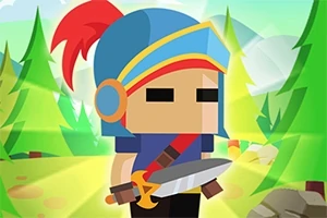 Personaje con casco azul y rojo sosteniendo una espada en un bosque colorido