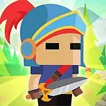 Personaje con casco azul y rojo sosteniendo una espada en un bosque colorido