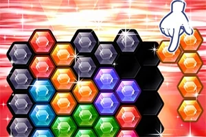 Hexágonos de colores brillantes sobre un fondo rojo con un dibujo de una mano indicando un movimiento
