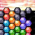 Hexágonos de colores brillantes sobre un fondo rojo con un dibujo de una mano indicando un movimiento