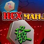 Título Hex Mahjong en letras amarillas y rojas sobre un fondo con fichas hexagonales de Mahjong