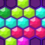 Hexágonos de colores brillantes en un patrón geométrico sobre un fondo púrpura