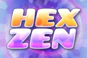 Texto HEX ZEN con efecto degradado en tonos amarillos y morados sobre un fondo hexagonal difuminado