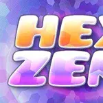 Texto HEX ZEN con efecto degradado en tonos amarillos y morados sobre un fondo hexagonal difuminado