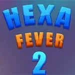 Texto en colores azul y naranja que dice: Hexa Fever 2 sobre un fondo degradado