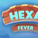 Título Hexa Fever en letras azules sobre un fondo colorido con diseño geométrico