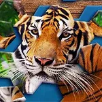 Un tigre mirándote a través de piezas hexagonales sobre un fondo azul