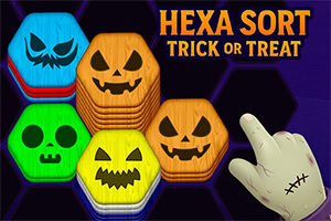 Hexa Sort Trick or Treat Bloques hexagonales de colores con caras de calabazas y una mano monstruosa apuntando en un fondo oscuro