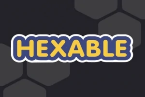 Texto HEXABLE en letras amarillas y azules sobre un fondo de hexágonos oscuros