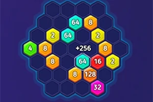 Celdas hexagonales en un tablero con números coloridos, sumando para alcanzar 256 en un fondo azul