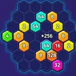 Celdas hexagonales en un tablero con números coloridos, sumando para alcanzar 256 en un fondo azul