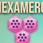Texto HEXAMERGE en la parte superior con tres fichas hexagonales rosas debajo sobre un fondo gradiente azul-verde