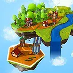 Pequeñas aldeas con casas y árboles sobre islas flotantes conectadas por un río en un cielo azul