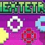 Título colorido en la parte superior sobre un fondo morado con figuras geométricas pixeladas y un ícono de mano apuntando