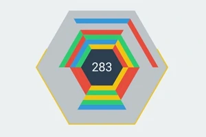 Hexágono en capas de colores rojo, verde, amarillo y azul con el número 283 en el centro