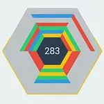 Hexágono en capas de colores rojo, verde, amarillo y azul con el número 283 en el centro