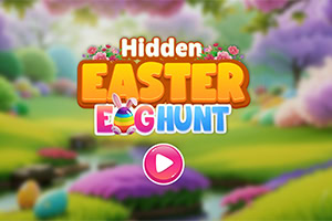 Título colorido Hidden Easter Egg Hunt con fondo de paisaje primaveral lleno de plantas y huevos de pascua decorados