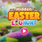 Título colorido Hidden Easter Egg Hunt con fondo de paisaje primaveral lleno de plantas y huevos de pascua decorados