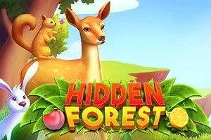 Una cierva junto a una ardilla y un conejo en un entorno boscoso con el texto “Hidden Forest” en letras grandes y coloridas