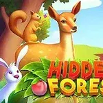 Una cierva junto a una ardilla y un conejo en un entorno boscoso con el texto “Hidden Forest” en letras grandes y coloridas