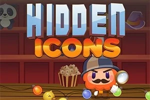 Dibujo de un personaje detective con gorra y lupa rodeado de luces y objetos, con las palabras Hidden Icons en la parte superior