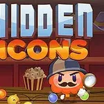 Dibujo de un personaje detective con gorra y lupa rodeado de luces y objetos, con las palabras Hidden Icons en la parte superior
