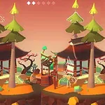 Paisaje colorido con una estructura tipo pagoda, árboles de tonalidades verdes y un cielo anaranjado en un entorno de fantasía