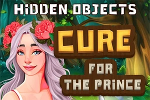 Mujer de cabello blanco con corona de flores rosas y texto sobre Cure for the Prince en un bosque