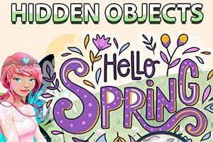 Ilustración de una joven de cabello rosa junto a la frase Hello Spring rodeada de flores y elementos primaverales