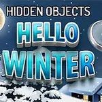 Texto Hidden Objects: Hello Winter con fondo de paisaje invernal, luna llena y lupa