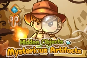 Personaje detective caricaturesco con lupa y sombrero, rodeado de objetos misteriosos y artefactos antiguos con texto en inglés