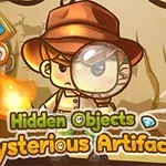 Personaje detective caricaturesco con lupa y sombrero, rodeado de objetos misteriosos y artefactos antiguos con texto en inglés