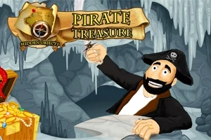 Un pirata sonriente sostiene un tesoro en una cueva helada, con cofres llenos de oro y un mapa antiguo