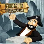 Un pirata sonriente sostiene un tesoro en una cueva helada, con cofres llenos de oro y un mapa antiguo