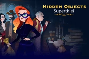 Mujer enmascarada con cabello rojo y traje negro, junto a personas misteriosas en un ambiente oscuro y elegante, con mesas llenas de libros y objetos