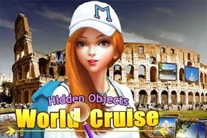 Una joven con gorra blanca está frente al Coliseo en Roma, con un texto colorido Hidden Objects World Cruise superpuesto