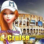 Una joven con gorra blanca está frente al Coliseo en Roma, con un texto colorido Hidden Objects World Cruise superpuesto