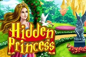 Una princesa con una corona dorada en un jardín vibrante con una estatua, césped verde, flores rojas y un castillo dorado al fondo