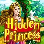 Una princesa con una corona dorada en un jardín vibrante con una estatua, césped verde, flores rojas y un castillo dorado al fondo