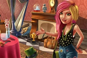 Mujer joven con cabello rosa y amarillo en una sala decorada con chimenea, trofeo y sombrero verde en el suelo