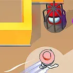 Personaje con sombrero rosa corriendo en un escenario con paredes amarillas y dos figuras en jaulas, una roja y otra morada