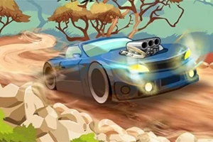 Auto azul de competición avanzando a gran velocidad por un camino de tierra serpenteante rodeado de vegetación y árboles