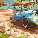 Auto azul de competición avanzando a gran velocidad por un camino de tierra serpenteante rodeado de vegetación y árboles