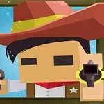 Un personaje de estilo cuadrado con sombrero vaquero dispara un revólver