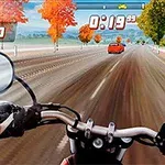 Vista en primera persona de un motociclista conduciendo por una carretera con árboles de otoño y un auto rojo al frente