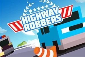 Carretera con un coche azul, una patrulla al fondo, un cono de tráfico naranja y texto que dice Highway Robbers